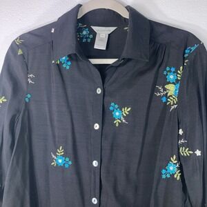 Multiples Brand Women's S Black Embroidered Floral Button Up Classy